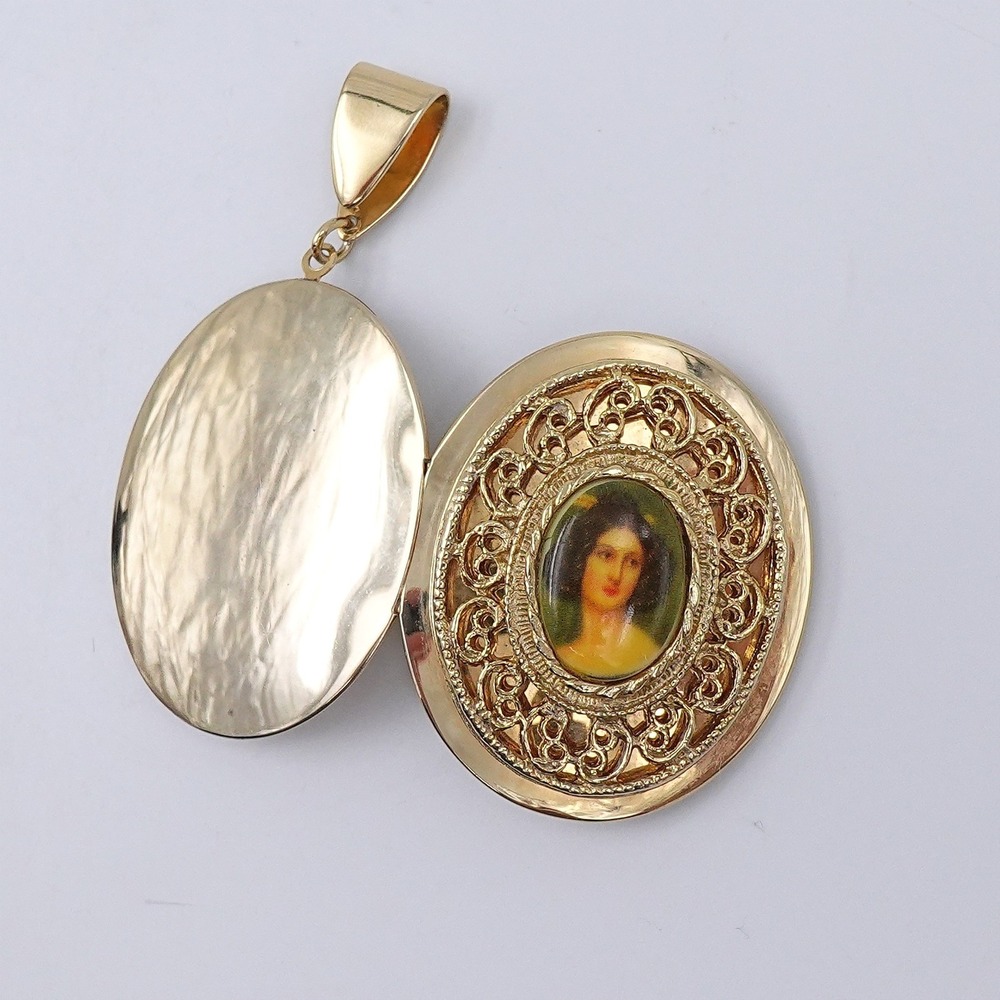 Victorian Revival Portrait‎ Locket Pendant Gold Tone Filigree Romantic - Picture 5 of 12
